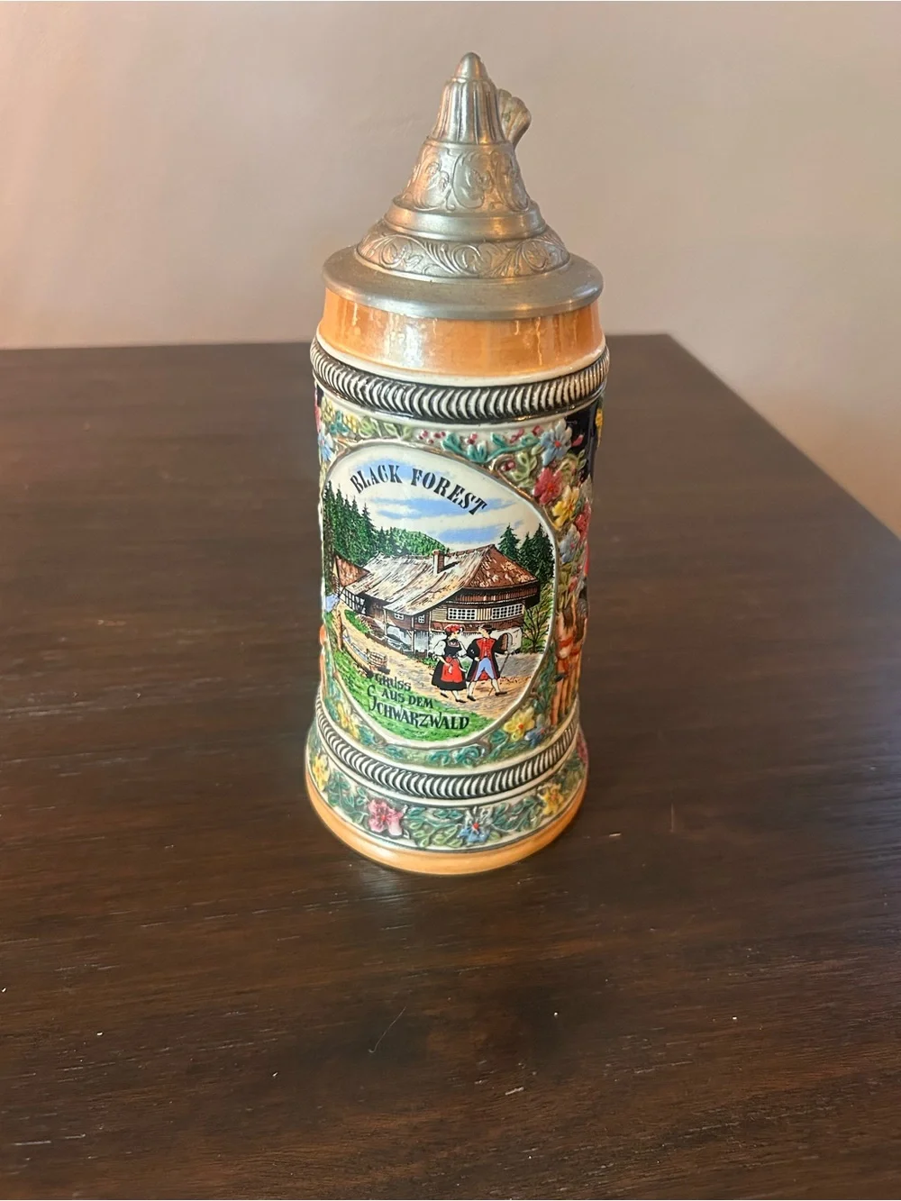 Vintage Black Forest Ceramic Beer Stein with Pewter Lid - Multicolor